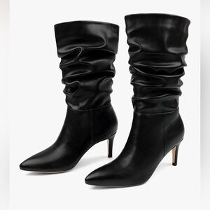 Black Slouchy Mid-Calf Heeled Boots